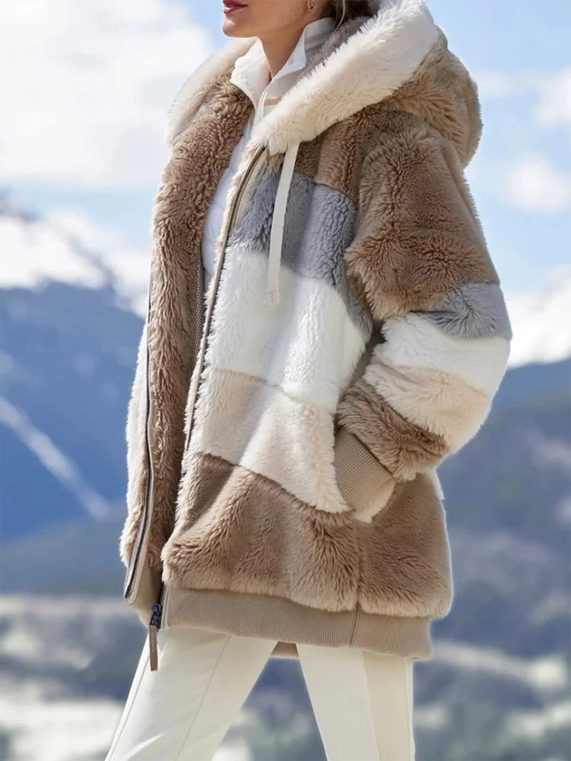 Warm Plush Hooded Coat with Zipper Pockets for Women