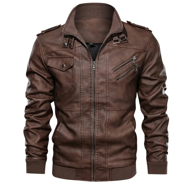 Men's Faux Leather Motorcycle Jacket with Detachable Hood