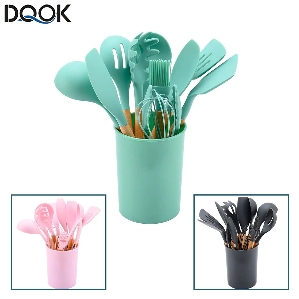 Silicone Kitchen Utensils Set with Wooden Handles
