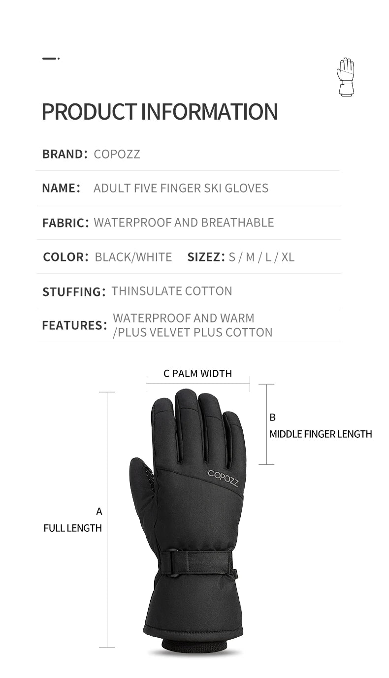 Copozz Waterproof Ultralight Winter Ski Gloves Black White