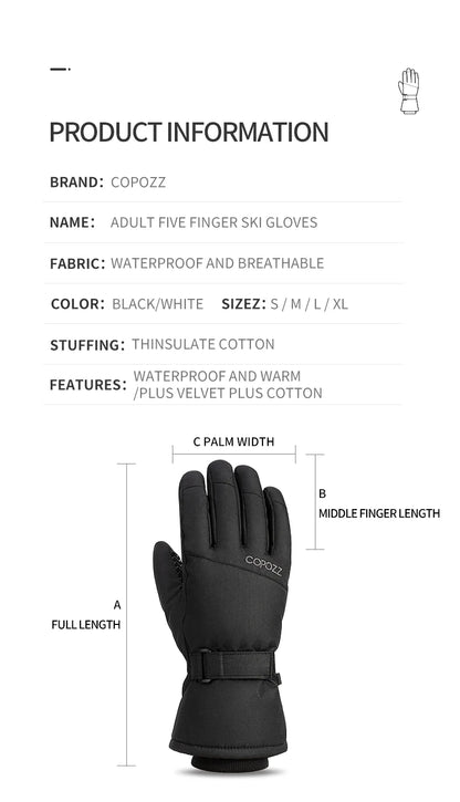 Copozz Waterproof Ultralight Winter Ski Gloves Black White