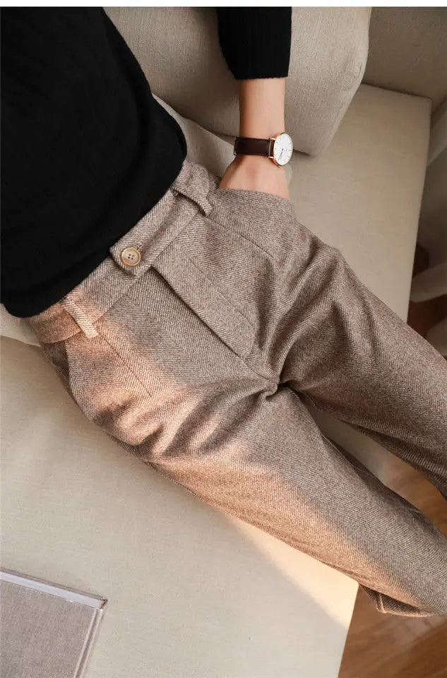 Woolen Harem Pencil Pants High Waisted Casual Trousers