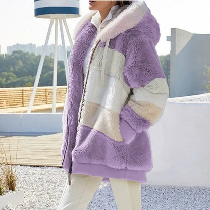 Warm Plush Hooded Coat with Zipper Pockets for Women