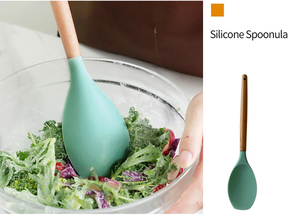 Silicone Kitchen Utensils Set with Wooden Handles