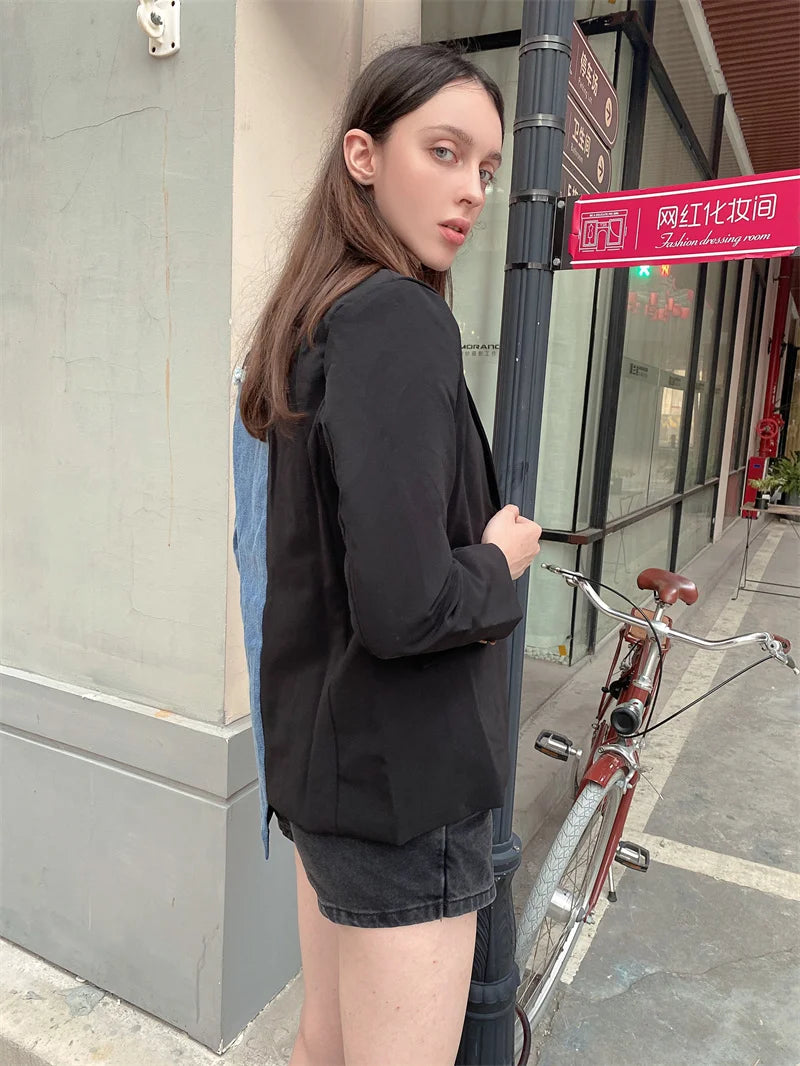 Women Vintage Denim Patchwork Blazer Coat