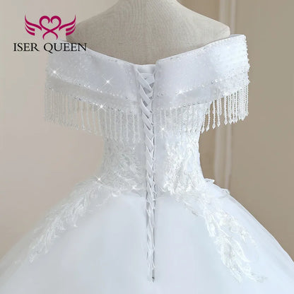 Customized Crystal Beaded Lace Wedding Dress Plus Size