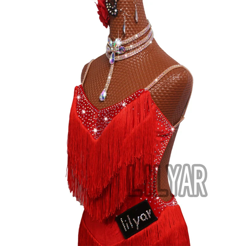Latin Dance Dress with Rhinestones and Tassels in Red and White