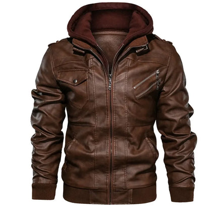 Men's Faux Leather Motorcycle Jacket with Detachable Hood