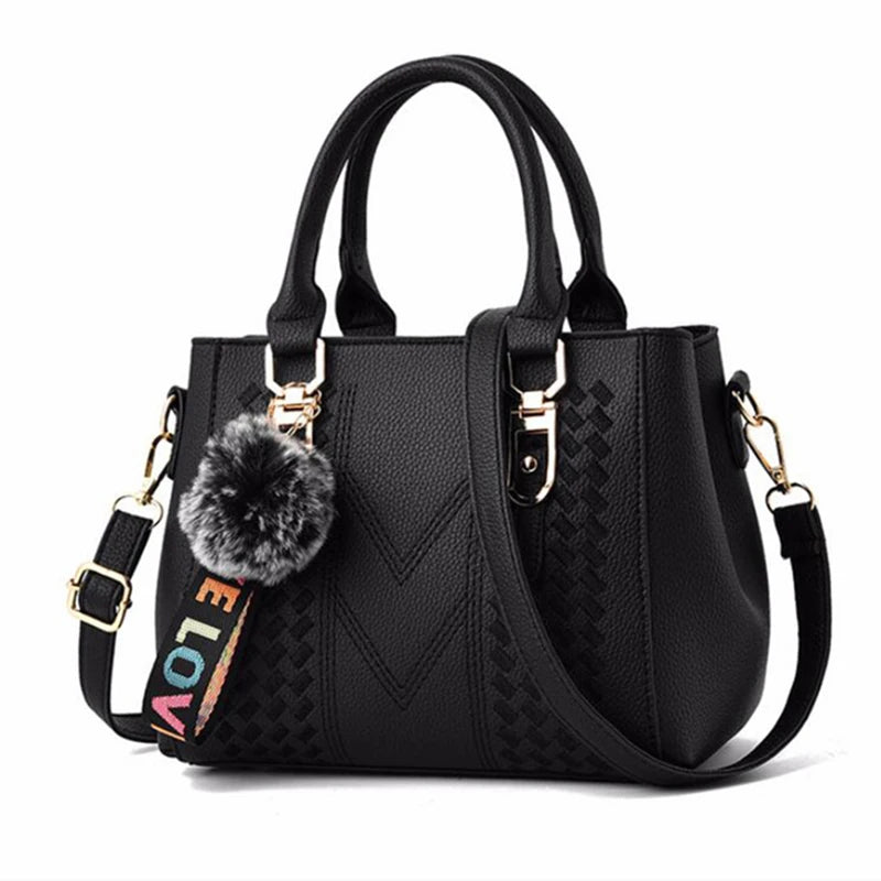 Leather Messenger Bag with Fur Decoration for Women
