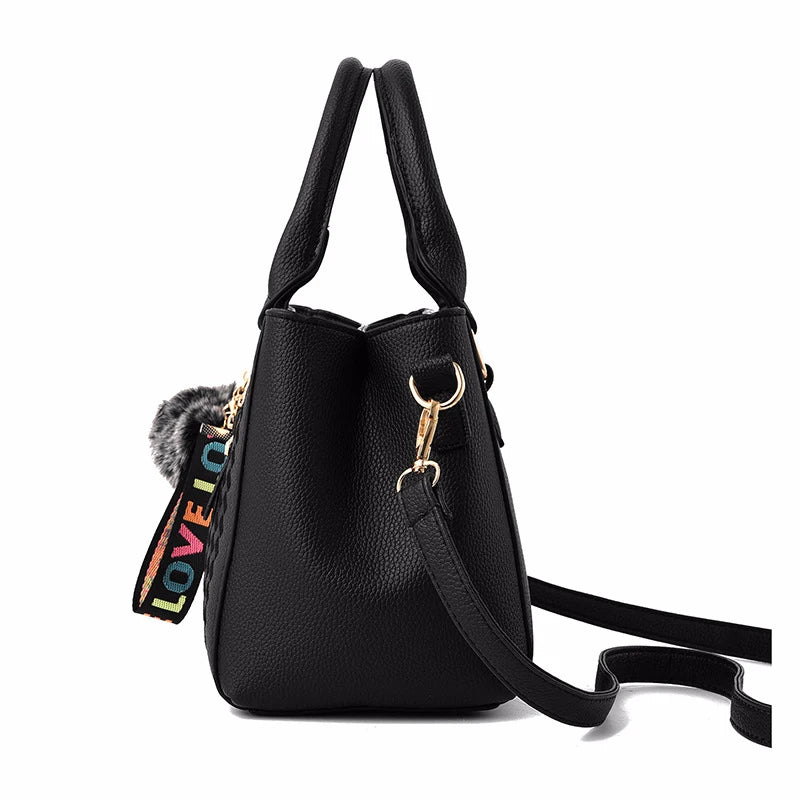 Leather Messenger Bag with Fur Decoration for Women