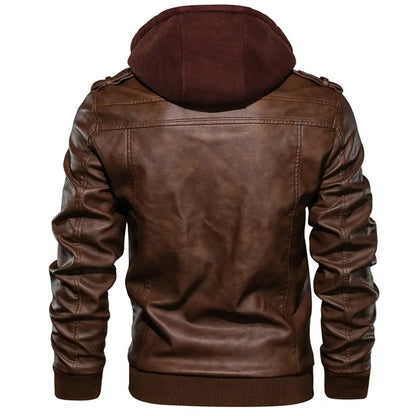 Men's Faux Leather Motorcycle Jacket with Detachable Hood