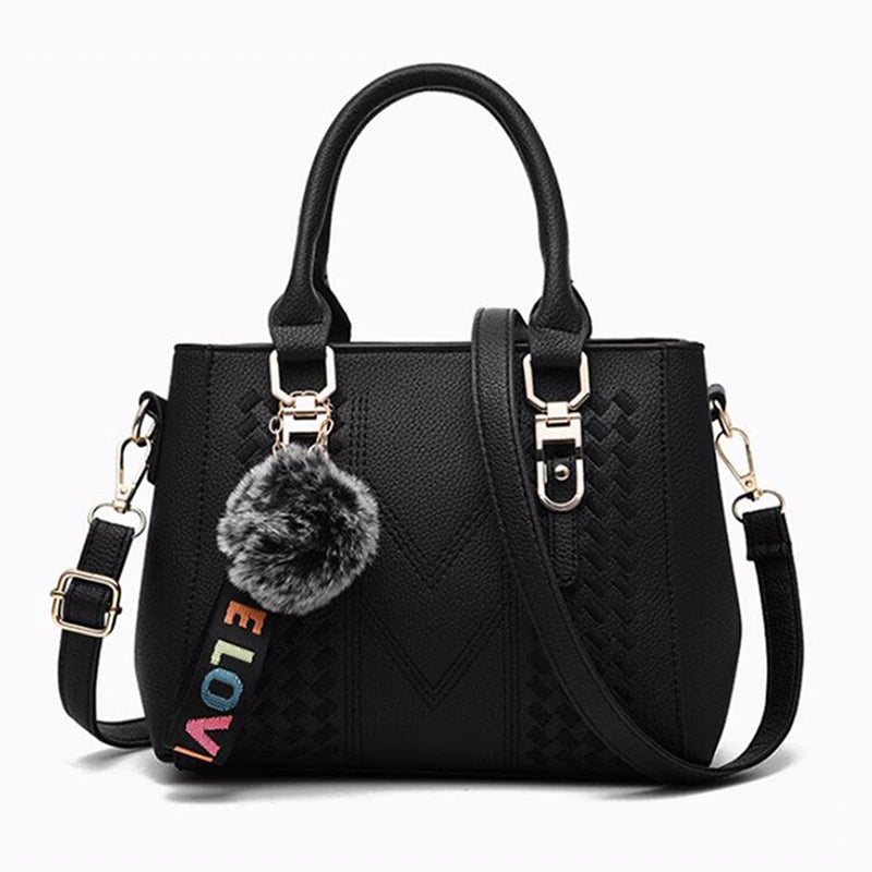Leather Messenger Bag with Fur Decoration for Women
