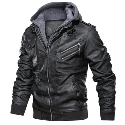 Men's Faux Leather Motorcycle Jacket with Detachable Hood