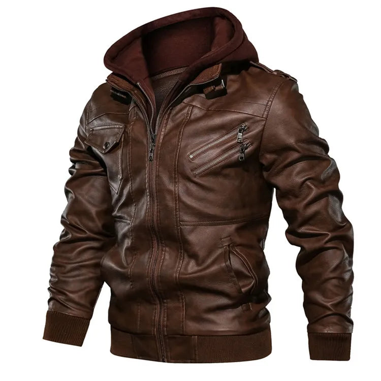 Men's Faux Leather Motorcycle Jacket with Detachable Hood