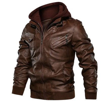 Men's Faux Leather Motorcycle Jacket with Detachable Hood