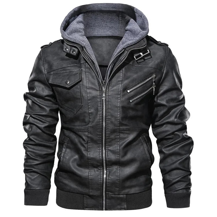 Men's Faux Leather Motorcycle Jacket with Detachable Hood