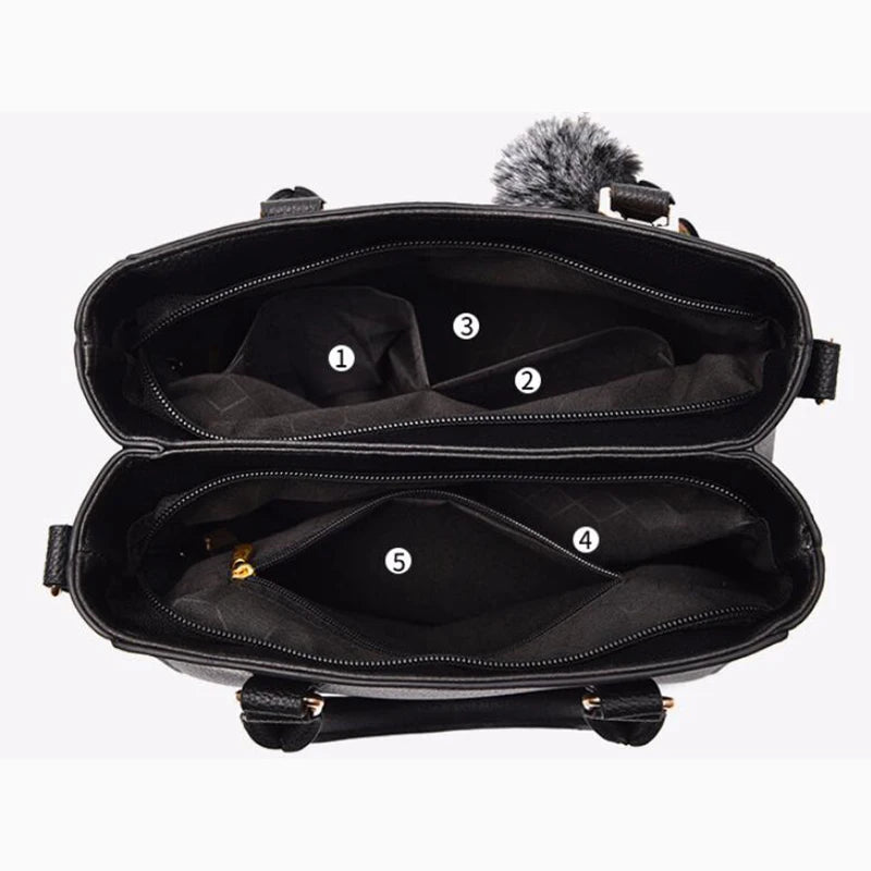 Leather Messenger Bag with Fur Decoration for Women