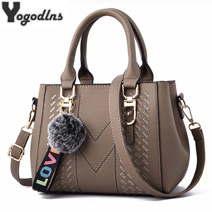 Leather Messenger Bag with Fur Decoration for Women