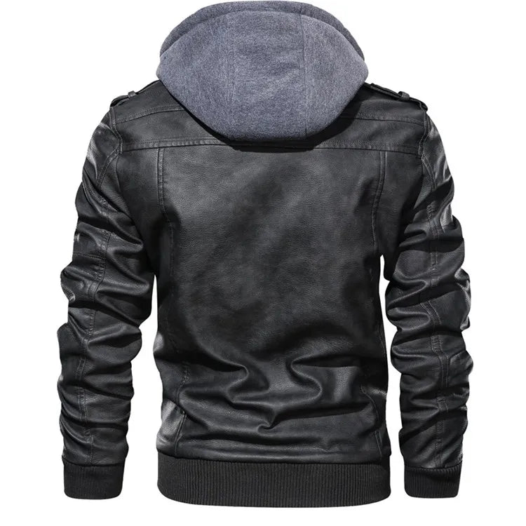 Men's Faux Leather Motorcycle Jacket with Detachable Hood