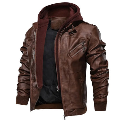 Men's Faux Leather Motorcycle Jacket with Detachable Hood