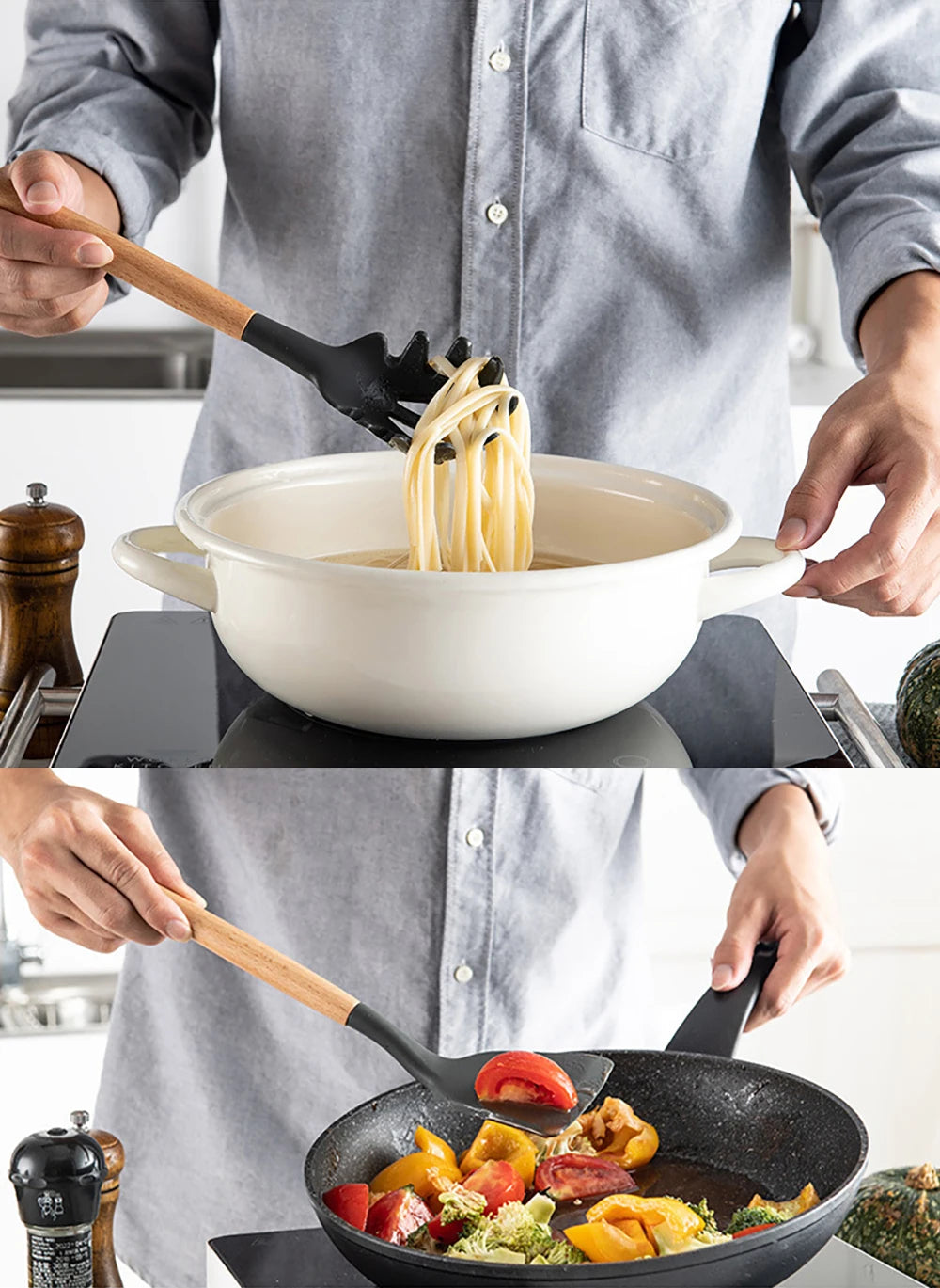 Silicone Kitchen Utensils Set with Wooden Handles