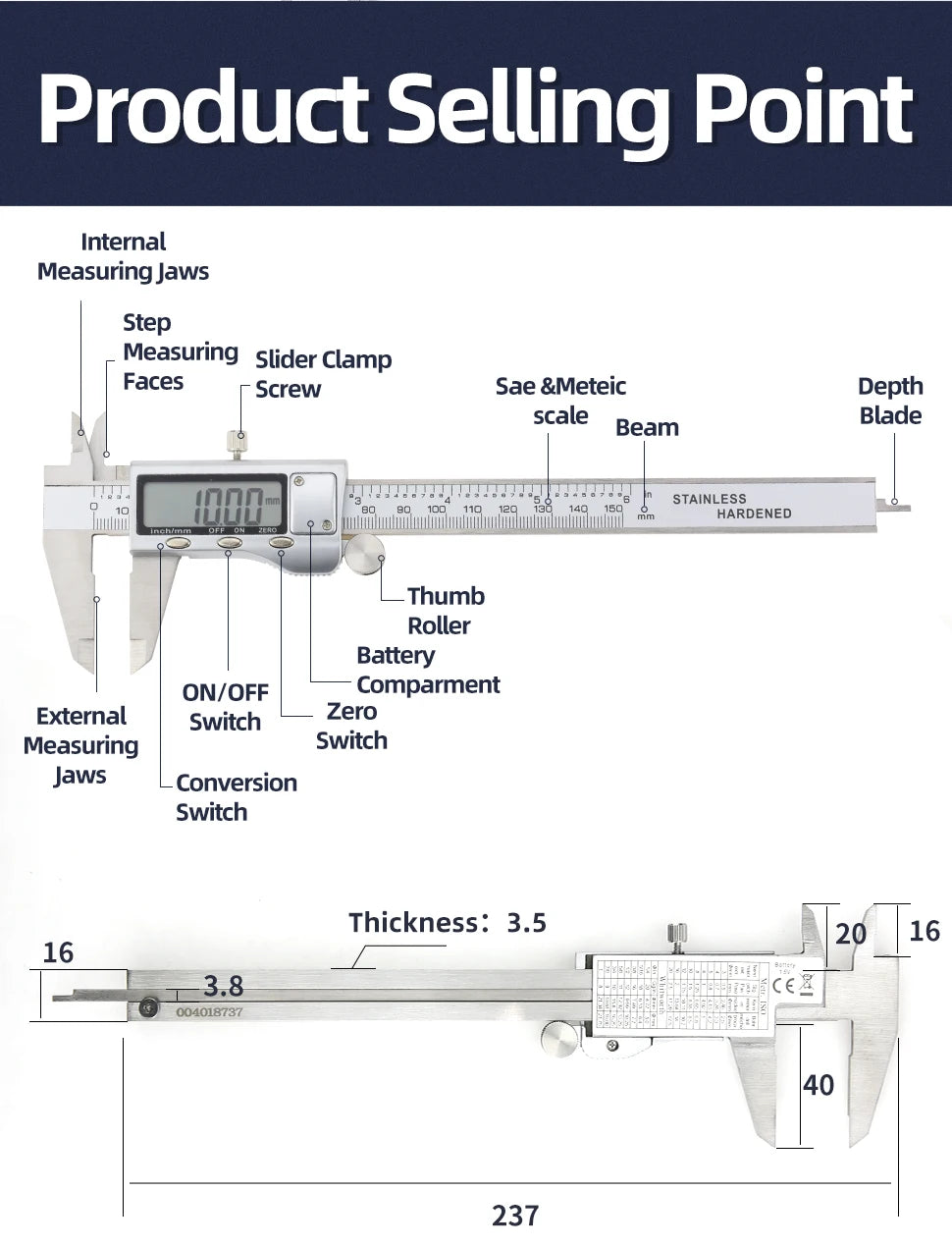 Digital Caliper Stainless Steel Thickness Gauge