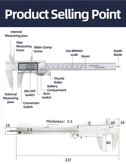 Digital Caliper Stainless Steel Thickness Gauge