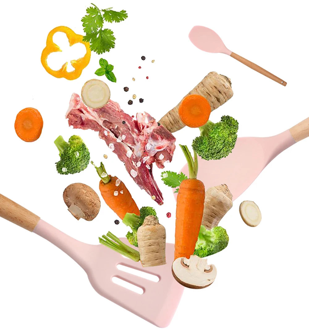 Silicone Kitchen Utensils Set with Wooden Handles