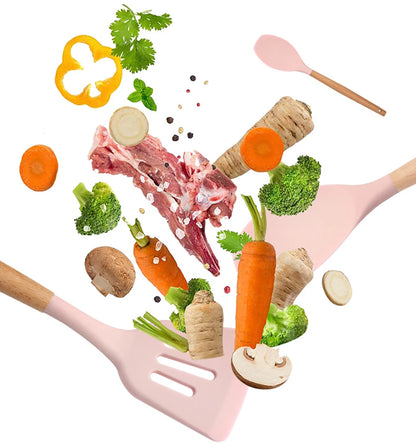 Silicone Kitchen Utensils Set with Wooden Handles