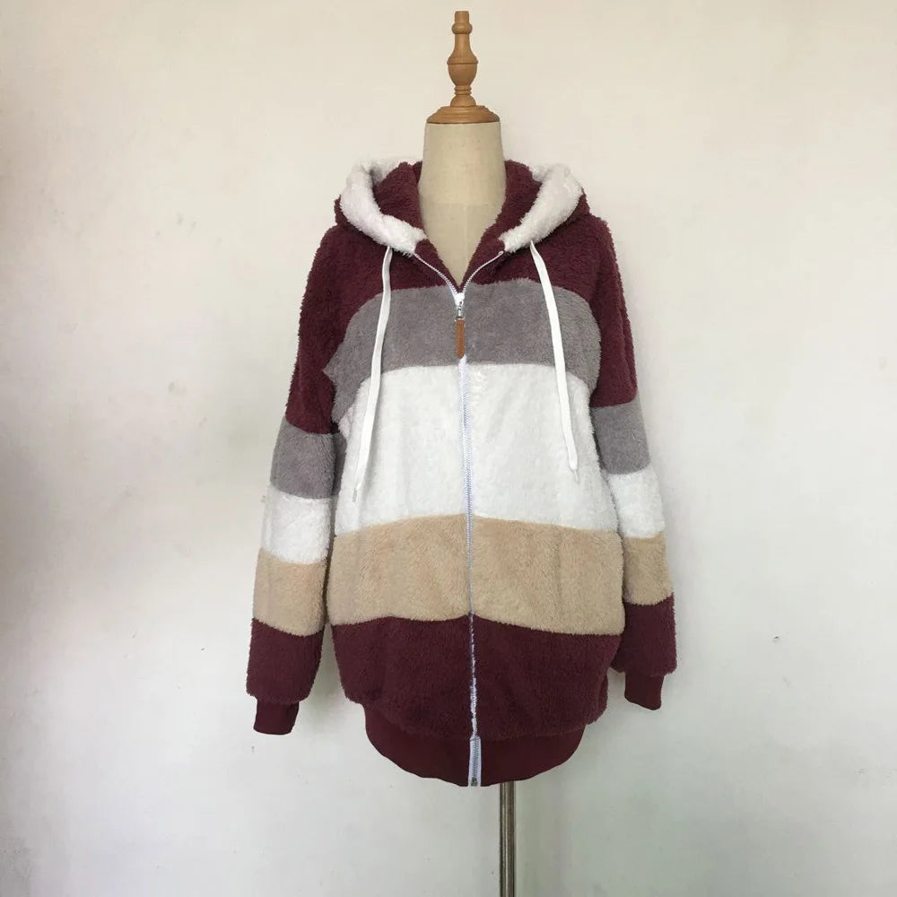 Warm Plush Hooded Coat with Zipper Pockets for Women