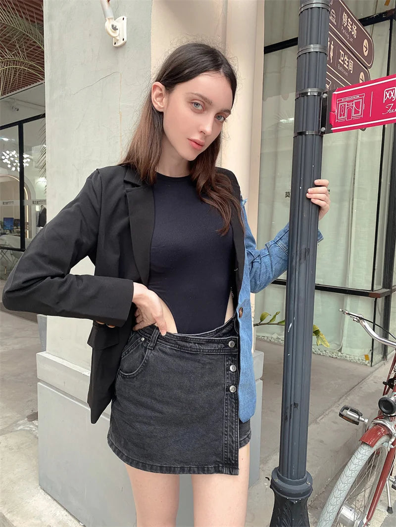 Women Vintage Denim Patchwork Blazer Coat
