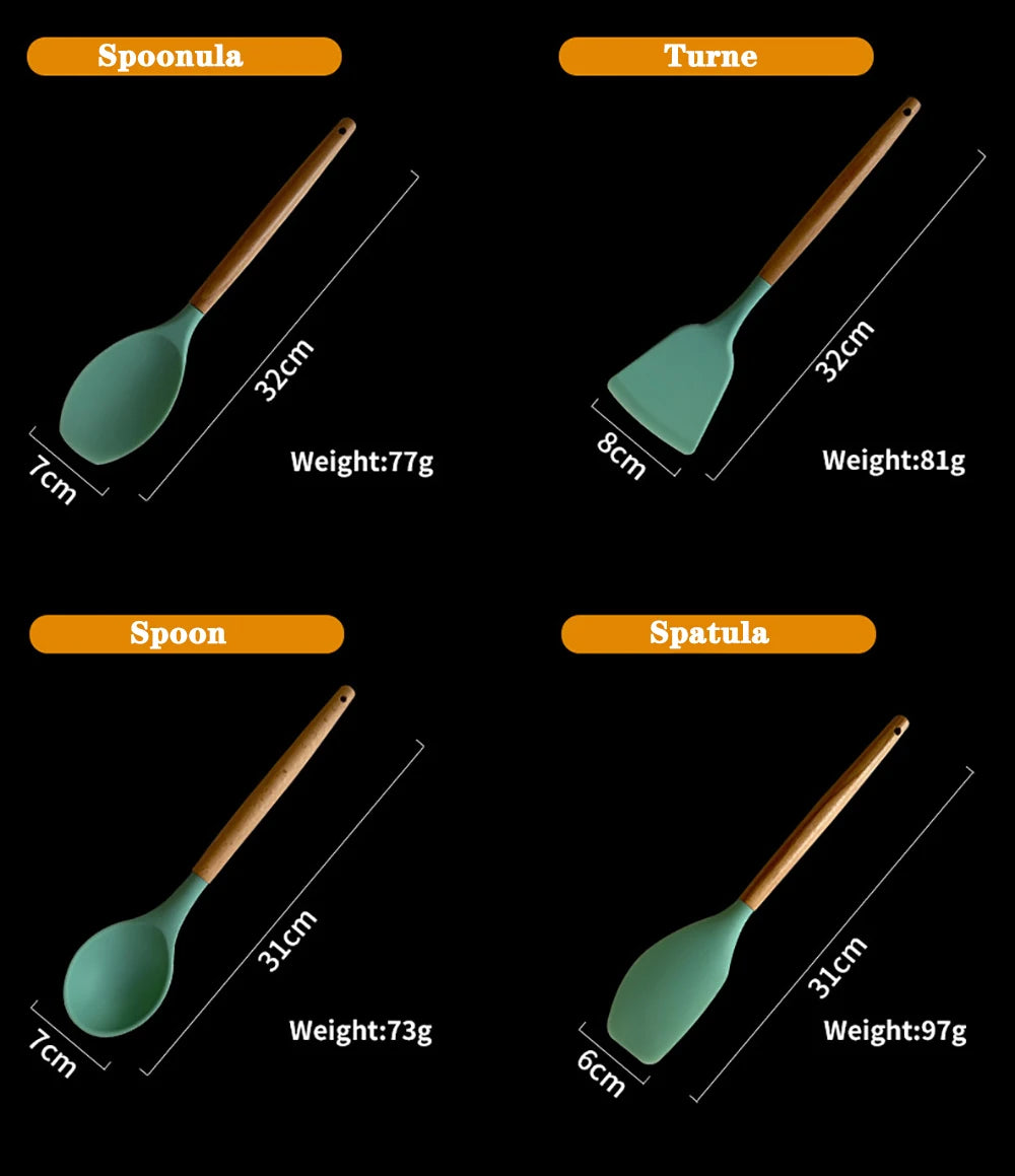 Silicone Kitchen Utensils Set with Wooden Handles
