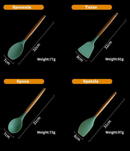 Silicone Kitchen Utensils Set with Wooden Handles