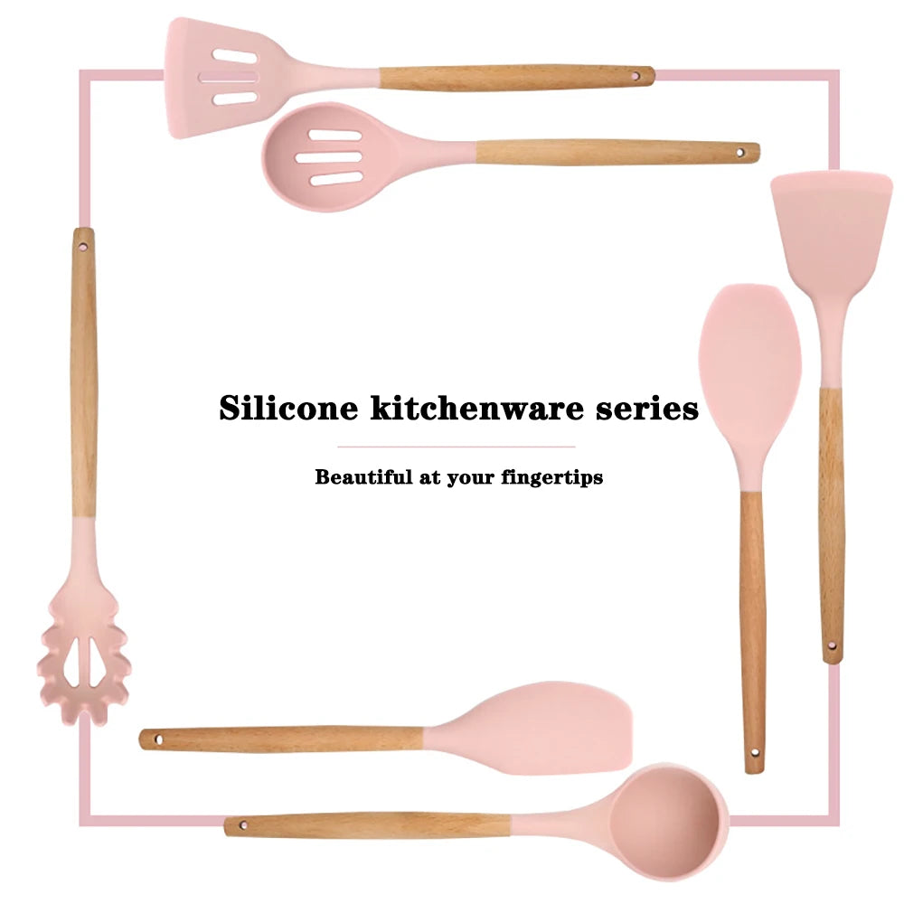 Silicone Kitchen Utensils Set with Wooden Handles