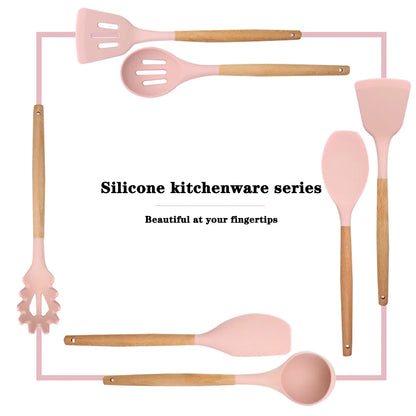Silicone Kitchen Utensils Set with Wooden Handles
