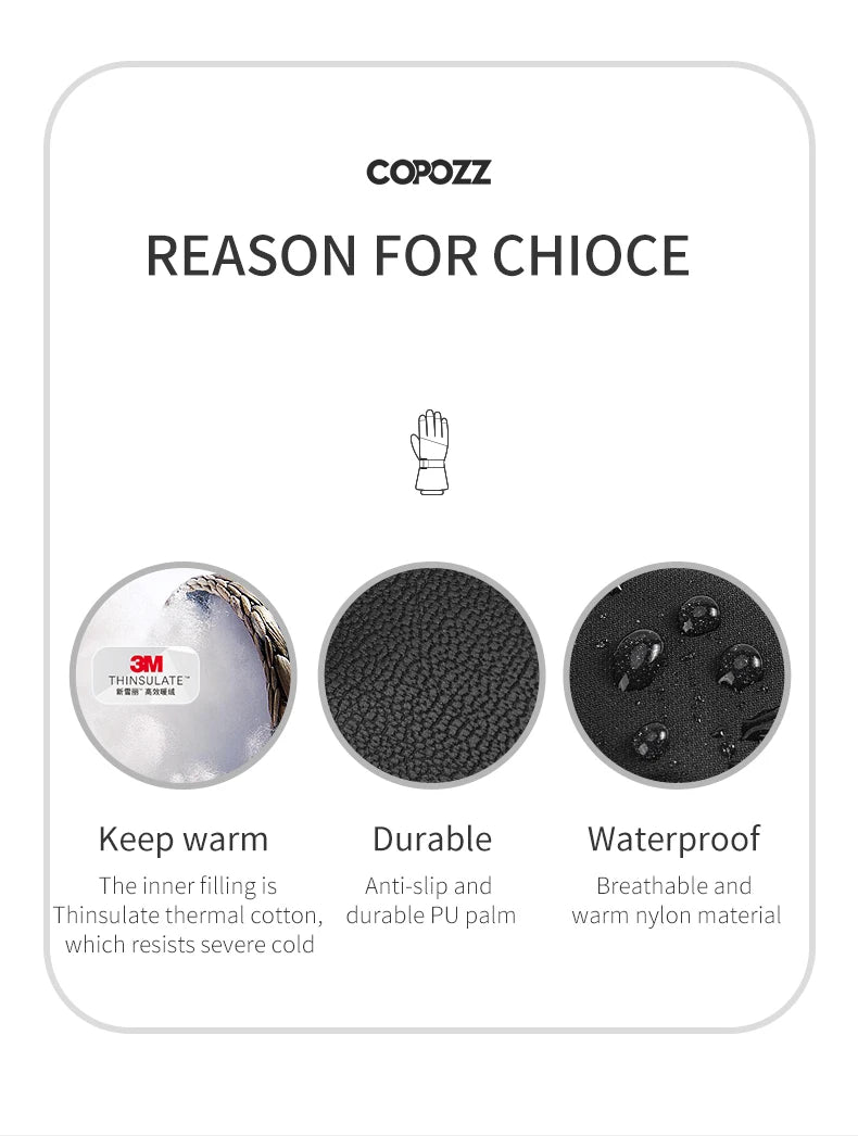 Copozz Waterproof Ultralight Winter Ski Gloves Black White
