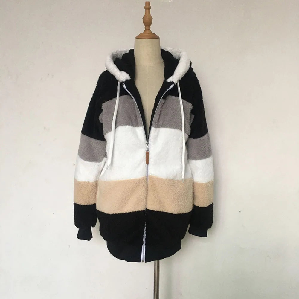 Warm Plush Hooded Coat with Zipper Pockets for Women