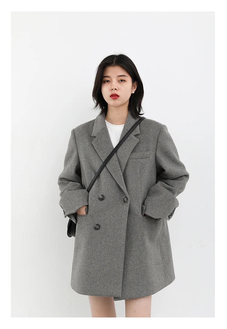 Wool Blend Mid Long Blazer Coat for Women