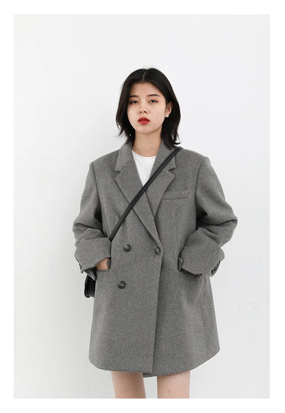 Wool Blend Mid Long Blazer Coat for Women