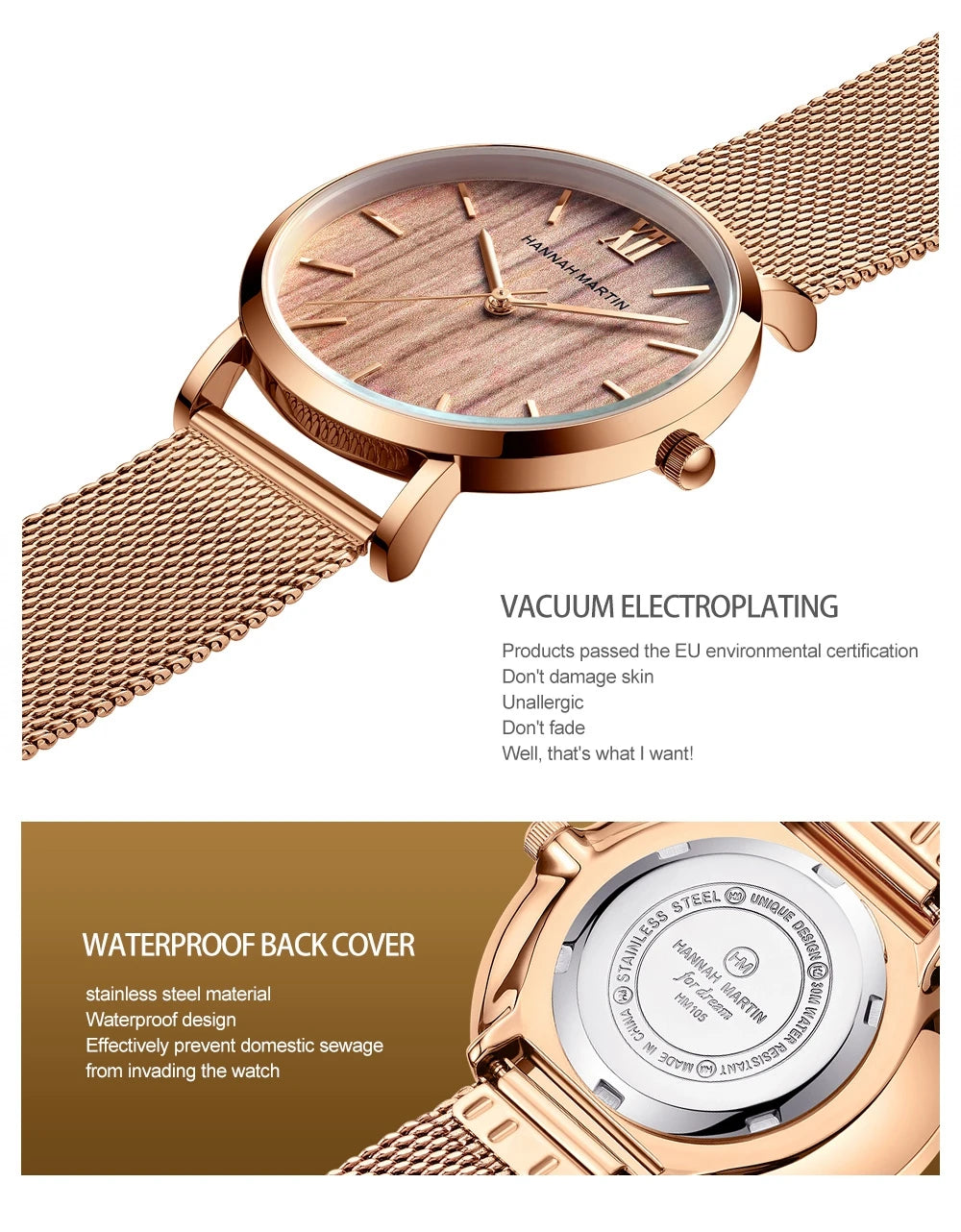 Hannah Martin Women 36mm Rose Gold Quartz Watch