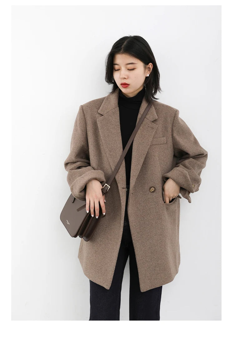 Wool Blend Mid Long Blazer Coat for Women