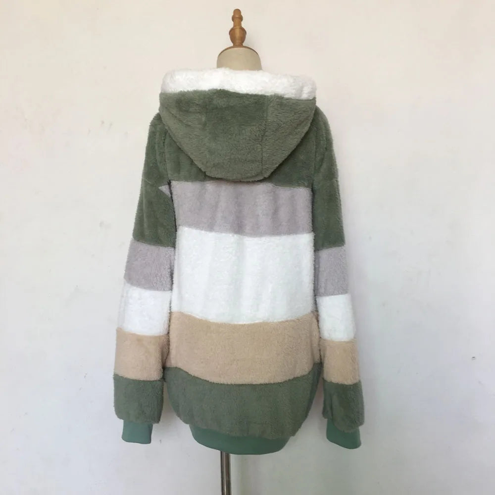Warm Plush Hooded Coat with Zipper Pockets for Women