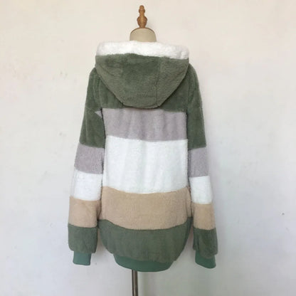 Warm Plush Hooded Coat with Zipper Pockets for Women