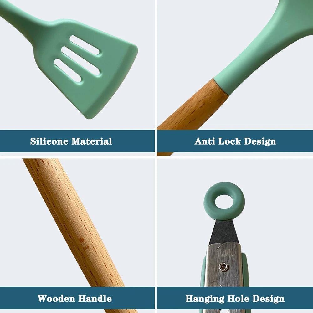Silicone Kitchen Utensils Set with Wooden Handles