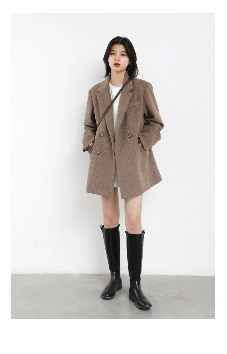 Wool Blend Mid Long Blazer Coat for Women