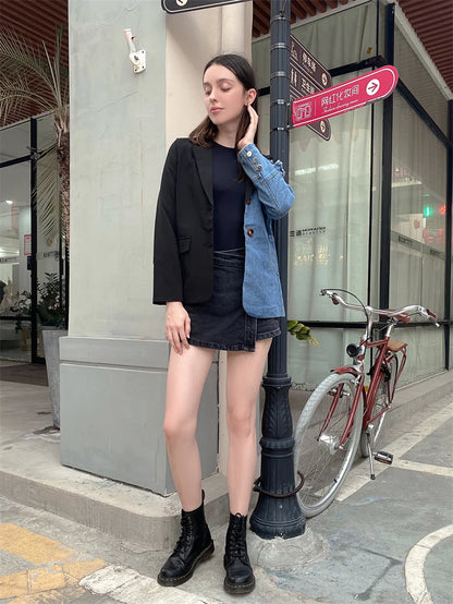 Women Vintage Denim Patchwork Blazer Coat