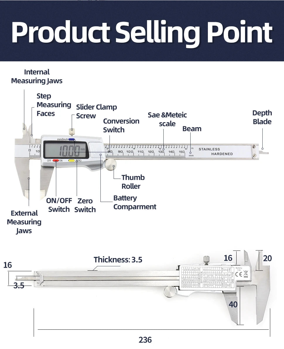Digital Caliper Stainless Steel Thickness Gauge