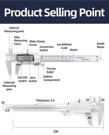 Digital Caliper Stainless Steel Thickness Gauge