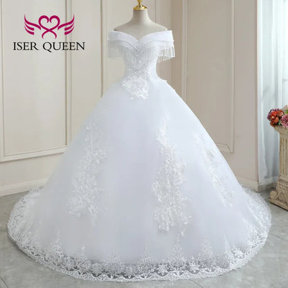 Customized Crystal Beaded Lace Wedding Dress Plus Size