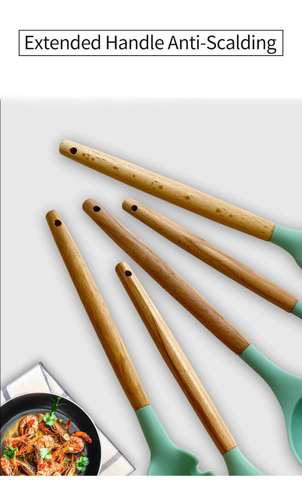 Silicone Kitchen Utensils Set with Wooden Handles